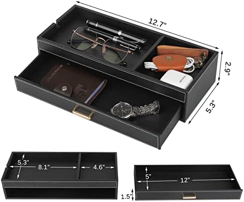 HofferRuffer Valet Jewelry Tray Organizer with Drawer, Faux Leather Storage Catchall Box Phone Charging Station Tray with Dresser Nightstand Desktop Drawer Organizer (Black) - Image 3