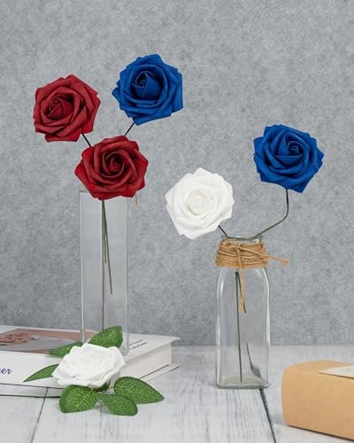 DuHouse 25Pcs Artificial Flowers Foam Roses Fake Roses(Blue White Red) - Image 3