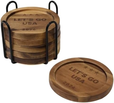 Acacia Wood Coasters Set of 6 with Metal Holder, Laser Engraved Let's Go USA 2026 Design, Absorbent Wooden Drink Coasters, 3.9" Round, Patriotic Housewarming Gift by GREENALLUVIUM