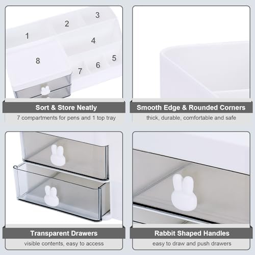 Meiikun Desk Organizer, Makeup Organizer with 2 Drawer, 7 Compartment & a Top Tray, Desktop Organizers and Storage for Women, Cute Home organization Bathroom, 11" x 5.7" x 4.7" (White) - Image 5