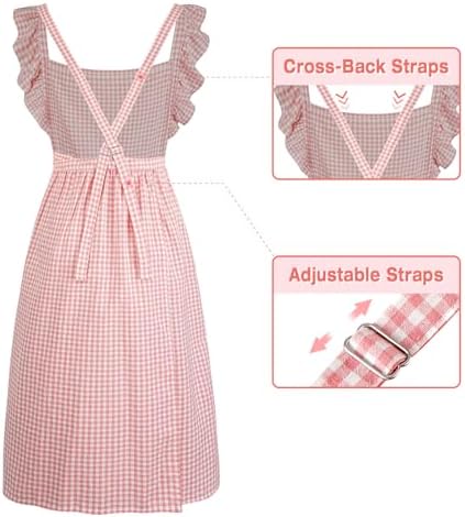 Vintage Gingham Apron for Women, Ruffle Straps, 2 Pockets, Soft Cotton, Apron Dress Style for Cooking & Baking - Image 2