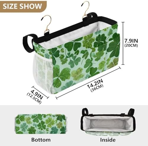Bedside Caddy Hanging Bunk Bed Caddy Bed Organizer Hanging Pocket with 2 Hooks Bedside Storage Organizer Pocket Bag Holder Green Nature St Patrick Clovers - Image 4