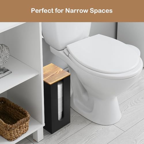 OUTNILI Freestanding Toilet Paper Holder Stand with Lid, Black Wooden Toilet Paper Storage Organizer for Bathroom Floor, Rustic Farmhouse Toilet Paper Storage Holds 3 Extra Large Rolls - Image 2