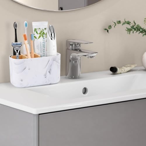 GFWARE Toothbrush Holders for Bathrooms, 5 Slots Bamboo Toothbrush Holder Kids Electric Toothbrush Holder and Toothpaste Holder for Bathroom Countertop Accessories Storage, Marble Toothbrush Organizer - Image 2