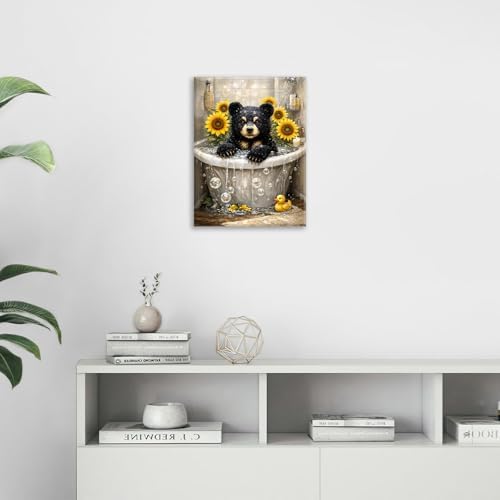 Sunflower Bear Bathroom Decor Pictures Wall Art, Funny Bear Bathroom Wall Decor, Animal Framed Painting Canvas Artwork for Bathroom Bedroom Living Room Decorations 20" L x 16" W - Image 5