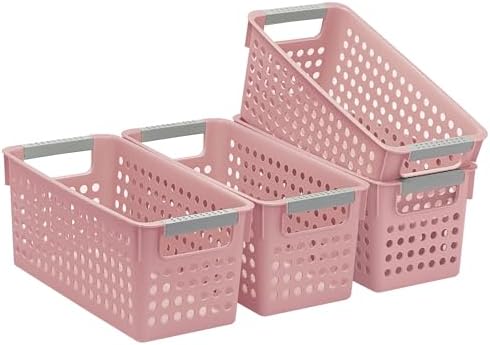 Soddeph 4 Pack Slim Plastic Storage Basket with Handles, Rectangular Storage Bins for Shelves,Narrow Organizer box for Organizing, Kitchen,Home,Office(Pink, Small) by Soddeph