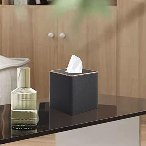 Linen Square Tissue Box Cover,Cube Tissue Box Holder－Excellent Rosegold Leather Decoration,Table Napkin Case Dispenser,Facial Tissues Organizer with Magnetic Bottom for Home Office Car(Black) - Image 2