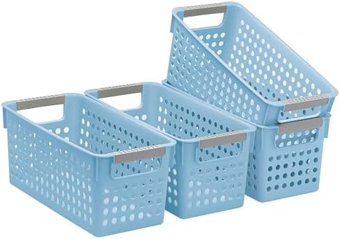 Soddeph 4 Pack Slim Plastic Storage Basket with Handles, Rectangular Storage Bins for Shelves,Narrow Organizer box for Organizing, Kitchen,Home,Office (Blue, Small) by Soddeph