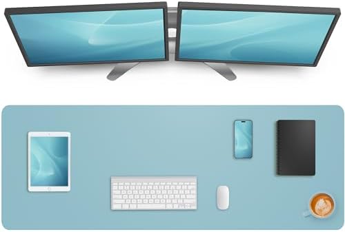 Leather Desk Pad Protector,Mouse Pad,Office Desk Mat, Non-Slip PU Leather Desk Blotter,Large Desk mat,Waterproof Keyboard mat for Office/Home/Decor (Light Blue,55" x 17") by AFIING