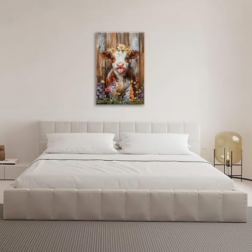 Funny Cow Bathroom Pictures Wall Art, Rustic Brown Cute Cow Bathroom Wall Decor, Farmhouse Floral Framed Painting Animal Flower Canvas Artwork for Bedroom Living Room Decorations 24" L x 16" W - Image 5