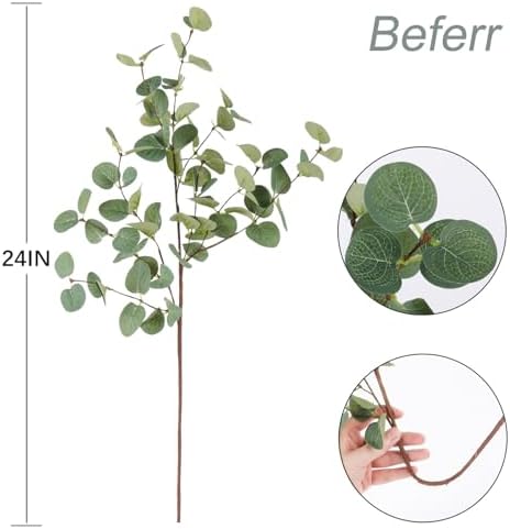 Beferr 6Pcs Artificial Eucalyptus Stems Greenery Stems 24" Tall Fake Plants Decor Faux Floral Stems for Vase Home Party Wedding Decorations - Image 6