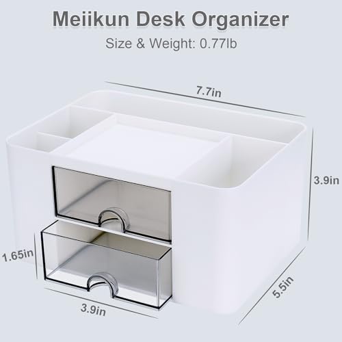 Meiikun Plastic Pen Organizer, Multifunctional Desk Organizer with 2 Drawers, 4 Compartments & a Top Tray, Pencil Holder Desktop Organizers and Accessories for Office, 7.7" x 5.5" x 3.9" (White) - Image 2