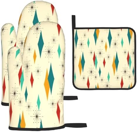 Mid Century Modern Oven Mitts and Pot Holders Set Heat Resistant Non Slip Set of 3 Retro Decor Kitchen Gloves Hot Pads for Cooking BBQ Baking Grilling by Unknown