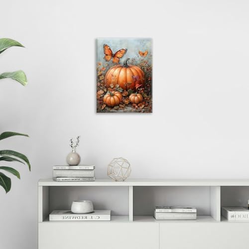 Fall Pumpkin Pictures Wall Art, Rustic Thanksgiving Bathroom Wall Decor, Farmhouse Autumn Butterfly Framed Painting Canvas Artwork for Harvest Gift Bedroom Living Room Decorations 20" L x 16" W - Image 6