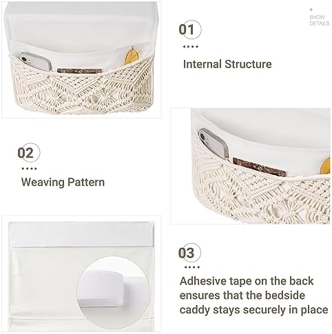 Mkono Macrame Bedside Caddy, Boho Bed Storage Organizer, 4 Pockets Ivory - Image 5