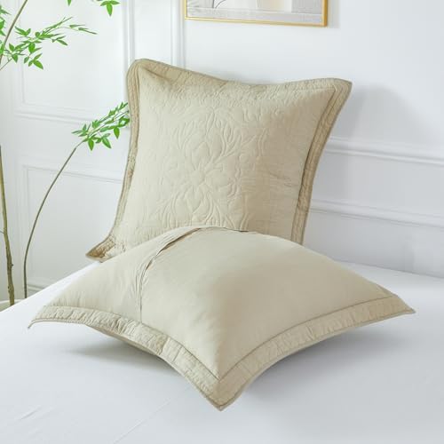 WINLIFE 100% Cotton Quilted Euro Sham Covers, 2 Pack Cotton 26'' x 26'' Pillow Covers, Soft and Breathable Euro Shams, Square Pillow Shams, Khaki - Image 3
