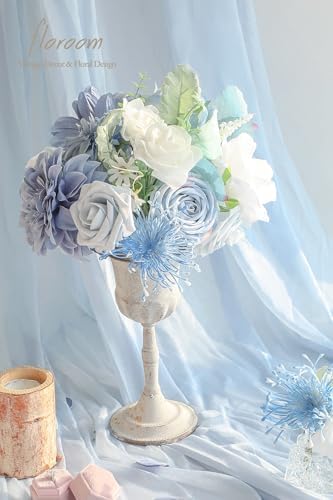 Floroom Dusty Blue Powder Blue Artificial Flowers Fake Roses Dahlias and Greenery Combo Box Set for DIY Wedding Bouquets Bridal Shower Centerpieces Floral Arrangements Party Tables Home Decorations - Image 2