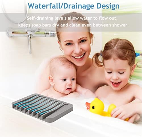 Self Draining Soap Dishes, 3 Pcs Silicone Soap Saver, Waterfall Drainer Soap Holder for Bathroom, Extend Soap Life, Keep Soap Bars Dry Clean & Easy Cleaning (White, Gray, Teal) - Image 5