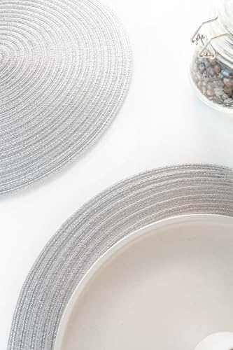 Floroom 15 Inch Round Braided Placemats Set of 6, Washable Heat Resistant Cotton Polyester Circle Place Mats for Kitchen Dining Table - Shimmer Silver - Image 5