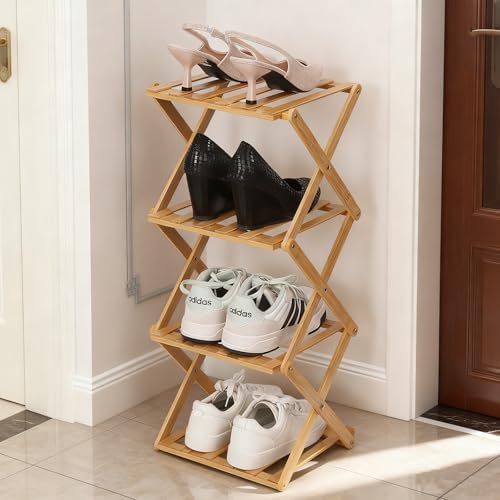 Bamboo Shoe Rack 4 Tier Foldable Shoe Rack for Entryway by Fengzhizhu