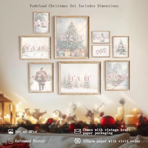 Vodefoad 9Pcs Christmas Print Set Winter Holiday Gallery Wall Prints Santa Claus Painting Farmhouse Christmas Gallery Wall Set Vintage Winter Prints Christmas Decor for Bedroom Bathroom Living Room Office Holiday Decoration Gifts Unframe - Image 3