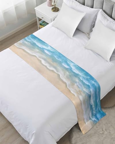 Natural Seaside Beach Scene Bed Runners for Bedroom Hotel,Decorative Bedding Scarf Ocean Wave Blue Water Ripple Bed End Blanket Bedding Runner Scarves for California King Size Beds,102x20in by ZFUNCING