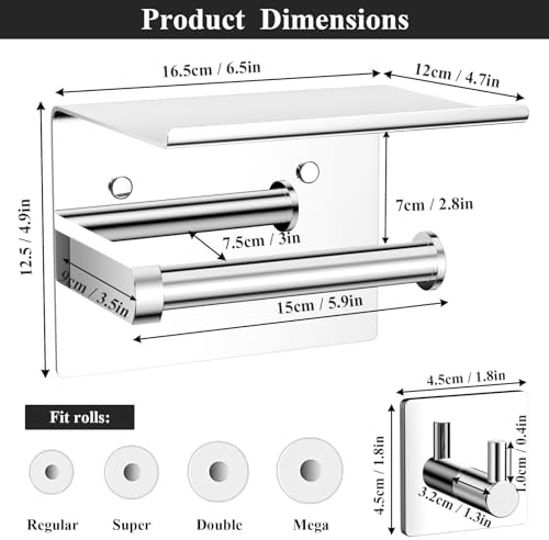 Tindbea Mega Size Toilet Paper Holder with Shelf + Towel Robe Hooks, Adhesive or Screw Wall Mounted Toilet Paper Roll Holder, Stainless Steel Bathroom Hardware Set (Polished Chrome) - Image 3