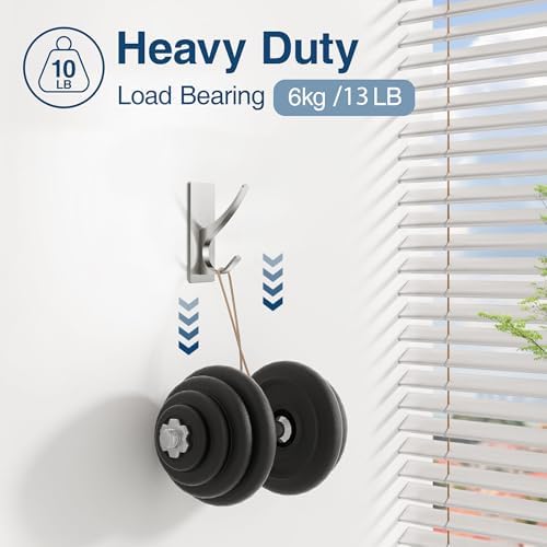 10 Pack Self Adhesive Towel Hooks: Extra Strong 13LB, Stainless Hook for Hanging Loofah, Towels, Coat, Bath Robe Bathroom Shower, Brushed Nickel - Image 3