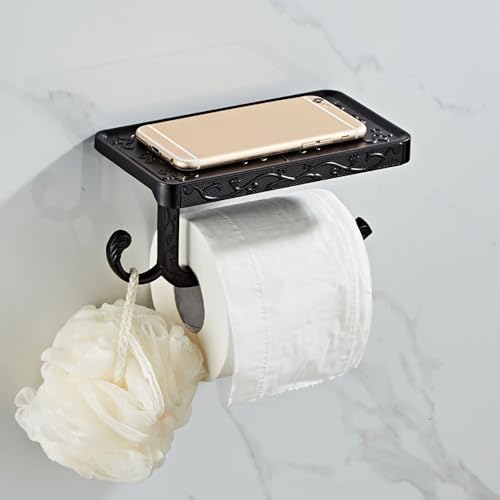 Vintage Toilet Paper Holder Wall Mount Toilet Roll Holder with Shelf and Hook Bronze Antique Bathroom Accessories Toilet Tissue Roll Holder Hanger Aluminum Material (Black) - Image 6