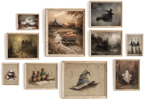 Vodefoad Vintage Halloween Wall Art Prints of 10, Retro Cute Ghost Canvas Decor, Spooky Witchy Pictures for Halloween Wall Paintings, Moody Autumn Landscape Canvas Oil Painting, Gothic Dark Aesthetic Posters Prints for Bedroom Gallery Decor Unframed by VodefoadVintageWallArt