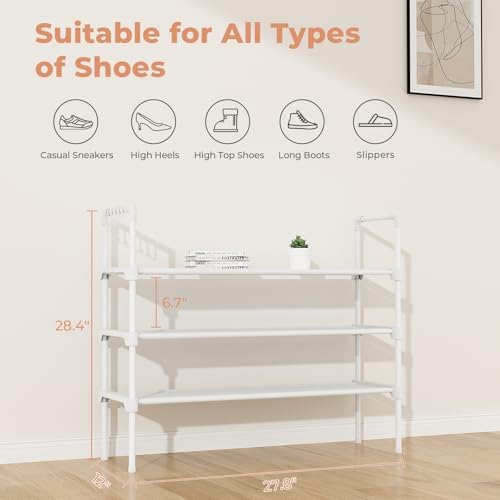 LANTEFUL 3 Tier Shoe Rack for Closet, Shoe Organizer with 5 Hooks, Long Shoe Shelf Storage for Shoe and Boot Stackable Free Standing Shoe Rack for Entryway, Garage, Small Spaces, Dorm, White - Image 3