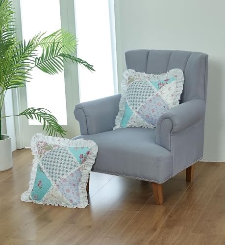 Brilliant Sunshine Blue & Green Roses Ruffle Pillowshams Set, 18"x18" - Image 6