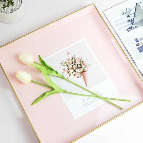 Spsyrine Pink Decorative Serving Tray with Handles, 13" X 13" Square Plastic Coffee Table Tray for Ottoman, Living Room, Bathroom, Home Decor. - Image 5