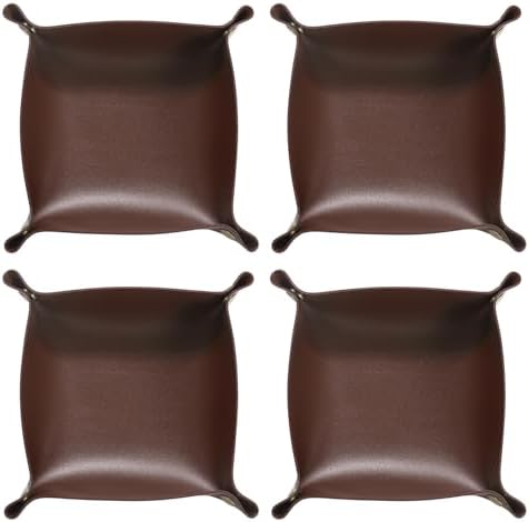 HARFINGTON 4pcs PU Leather Valet Tray Unisex Folding Small Catchall Tray Portable Entryway Table Tray Nightstand Bedside Desk Tray for Key Wallet Watch Coin Jewelry Dice, Dark Brown by HARFINGTON