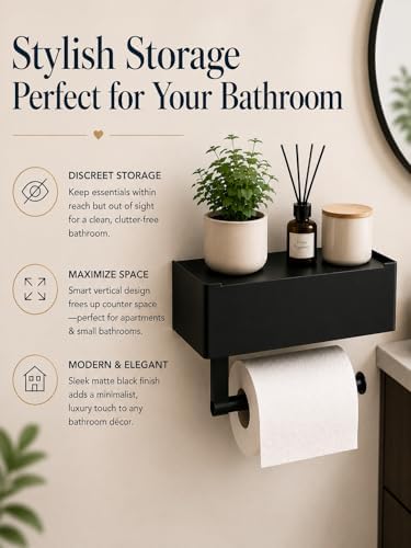Toilet Paper Holder with Storage, Wall Mount Toilet Paper Holder with Shelf, Flushable Wipes Dispenser, Sanitary Napkin Receptacle, Matte Black Stainless Steel for Bathroom Commercial - Image 5