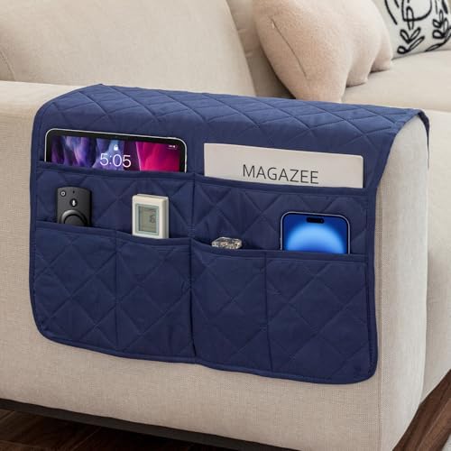 Sofa Armrest Organizer with 6 Pockets, Non-Slip Couch Recliner Armchair Caddy, Washable Remote Controls Holder, Storage for Magazine, Tablet (Navy) by DECKALY