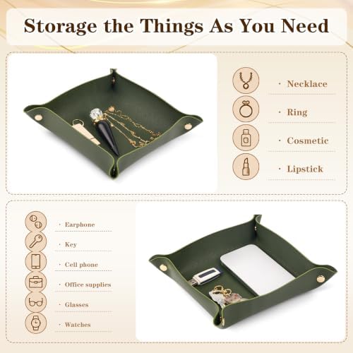 1 Pack PU Leather Tray for Wallet, Portable Décor Key Tray Holder, Night Stand Storage for Bedroom, Bathroom, Living Room, Entryway, Jewelry Valet Organizer for Women Men (1, Green, Square) - Image 3