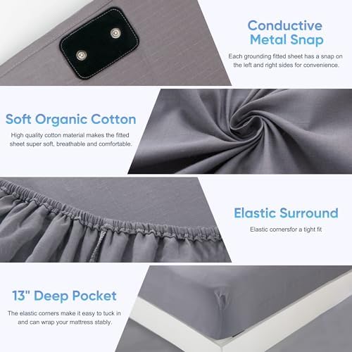 Grounding Sheet Queen Size - 95% Organic Cotton + 5% Pure Silver Fiber, Grounding Sheet Earth Connected Bedding (60"x 80"x 13" Gray) Fitted Earth Sheets with Grounding Cord - Image 6