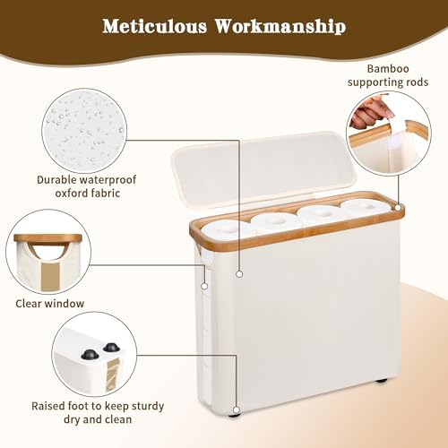 Toilet Paper Storage Basket with Lid - The Ultimate Bathroom Organizer, Free Standing Toilet Paper Holder for Up to 9 Mega Rolls, Toilet Tissue Storage Bin with Handle for RV Closet, Beige - Image 3