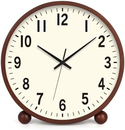 Maxspace Wooden Table Clock,8in Silent Non-Ticking Desk Clock,Battery Operated Desktop Analog Clock for Living Room Bedroom Kitchen Office Classroom Decor (Walnut - Cream Finish) by Maxspace
