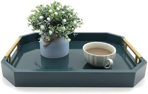 Serving Tray with Polished Metal Handles, Hexagon Coffee Table Tray, Modern Rectangle Decorative Tray, Large Ottoman Tray, Perfect for Storage and Display (Teal Rectangle) - Image 2