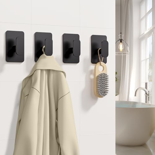 Large Heavy Duty Wall Hooks - 26lb Max, Stainless Steel Adhesive Towel Hooks for Hanging Towel, Coat, Robe, Hat, Sticky Towel Holder for Wall Mount in Bathroom, Shower, Kitchen (Black, 2 Pack) - Image 2