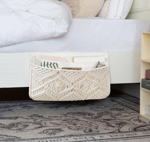 Mkono Macrame Bedside Caddy, Boho Bed Storage Organizer, 4 Pockets Ivory - Image 2