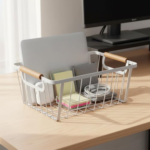 LeleCAT White wire baskets for organizing with Wooden Handle ,Metal Wire Storage Baskets Country Vintage Style Snack Baskets. pantry organizers and storage，Kitchen,Bedroom,Bathroom,White,Set of 2 - Image 6