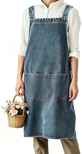 Denim Bib Apron for Women Men, Unisex Cross Back Aprons with Large Pockets by BCHWAYFAMILY