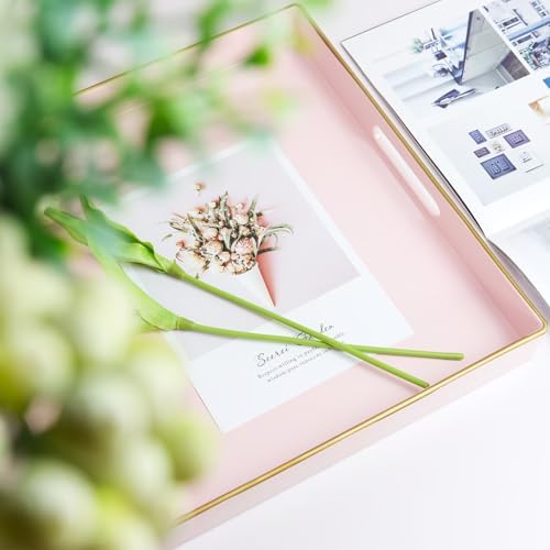Spsyrine Pink Decorative Serving Tray with Handles, 13" X 13" Square Plastic Coffee Table Tray for Ottoman, Living Room, Bathroom, Home Decor. - Image 2