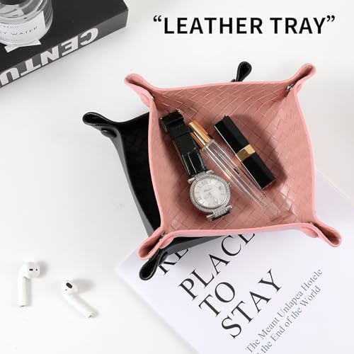 KINIVA 2 Pack PU Leather Jewelry Valet Tray for Men Women,Small Key Bowl for Entryway Table,Portable Travel Catchall Dice Tray (Square-Pink-2pcs) - Image 6