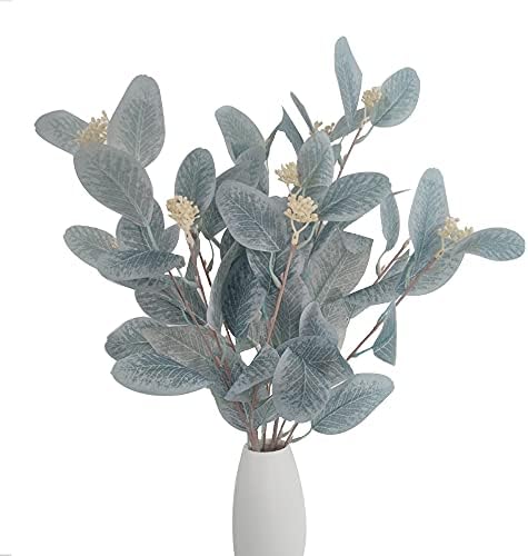 4Pcs Artificial Eucalyptus Leaves Stems Faux Eucalyptus Plant Branches for Vase Filling Home Decoration Flowers Wedding Holiday Arrangement (Light Blue) by Wuudi