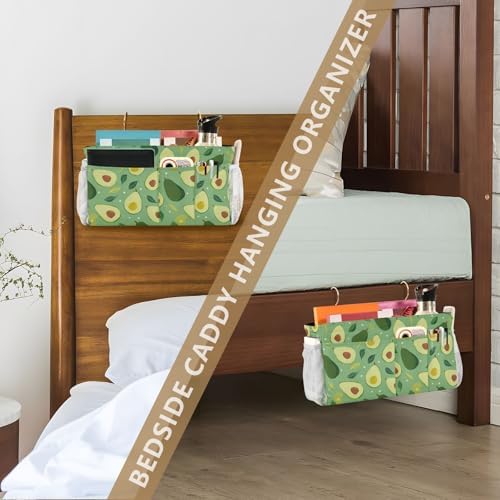 Bedside Caddy Hanging Bunk Bed Caddy Bed Organizer Hanging Pocket with 2 Hooks Bedside Storage Organizer Pocket Bag Holder Green Avocado and Leaf - Image 7