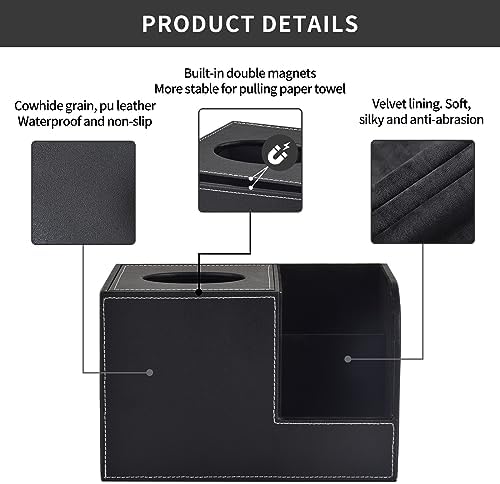 PU Leather Tissue Box Cover with Storage Square-Multifunctional Tissue Holder,Remote Control Holder,Decorative Tissues Boxes Organizer,Home Office Desktop Storage box,Black - Image 3